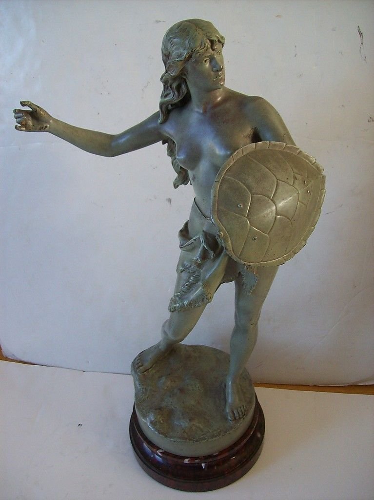 Jean Garnier vintage bronze figure.: Vintage French sculpture signed J. Garnier and with "Paris" foundry stamp. Bronze on original marble base. Gren patina. 26.5" tall.