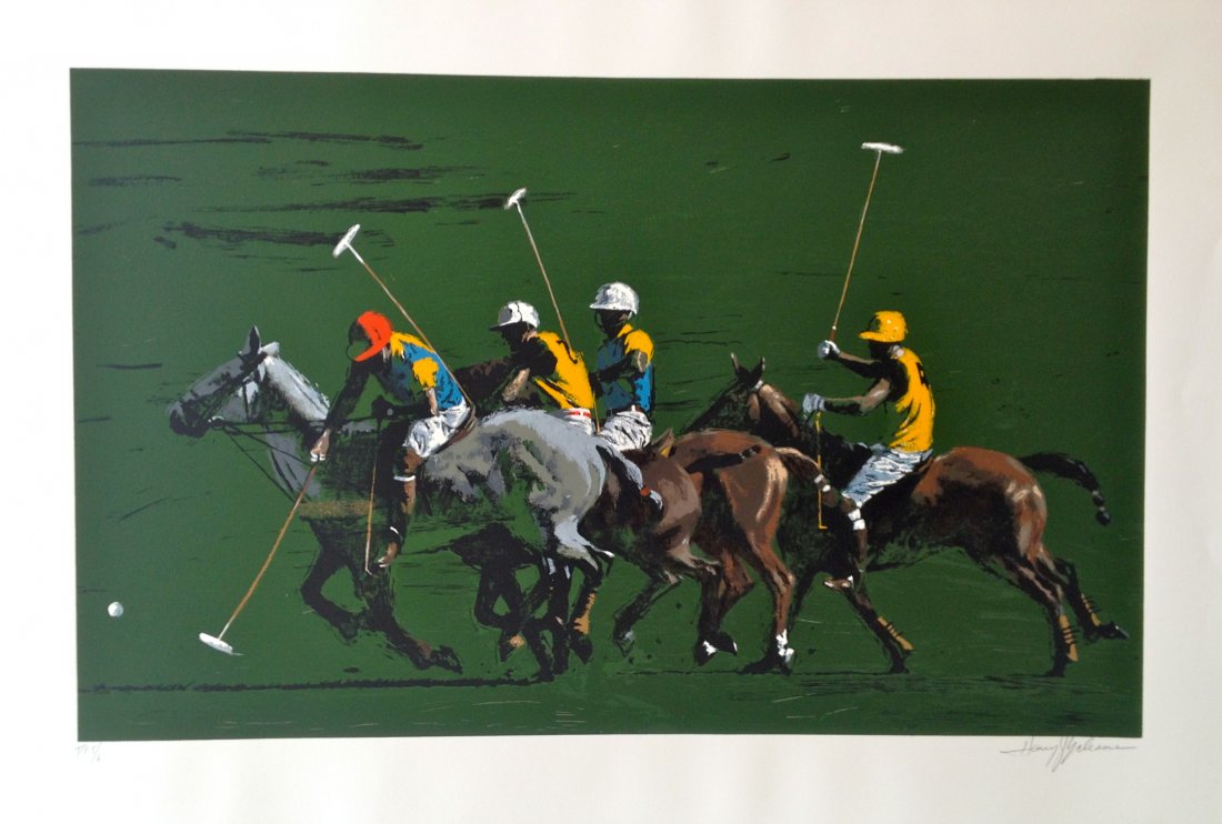 "The Polo Fields" lithograph by Harry Schaare: Hand signed and numbered lithograph circa 1976 that measures 30.75" x 41.75". Available is Printer's Proof #5/6 from the series.