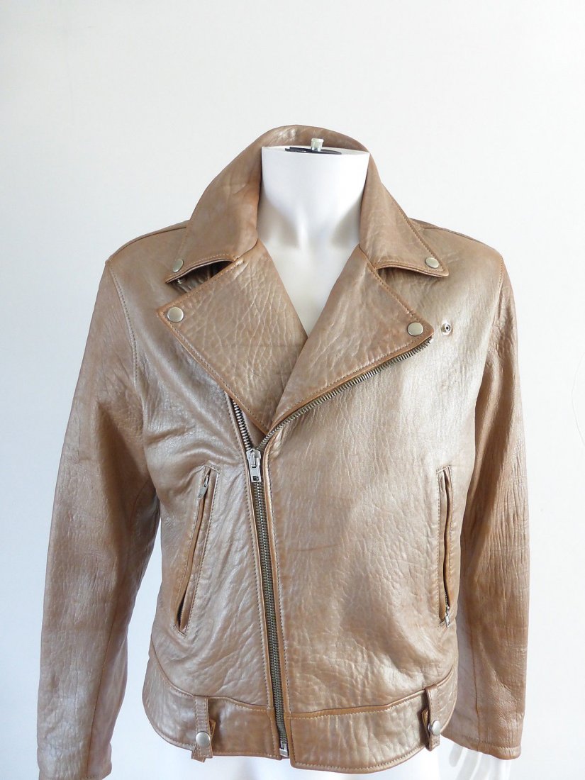 Maison Martin Margiela Beige Leather Motorcycle Jacket,: Martin Margiela 10 Collection leather jacket, made in Italy. Subtle metallic pearlized sheen. XL/size 54. Silver hardware, zip pockets, front zip closure and zipper detail at cuffs.