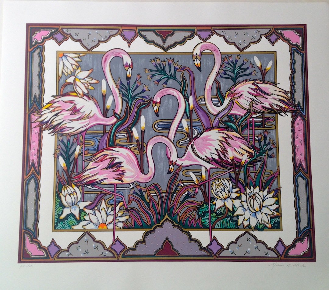 Untitled silk screen of flamingos by Mara Abboud: Hand signed and numbered silkscreen that measures 37" x 42.5". Printer's Proof 6/6 available.Printer's proof 6/6 available.