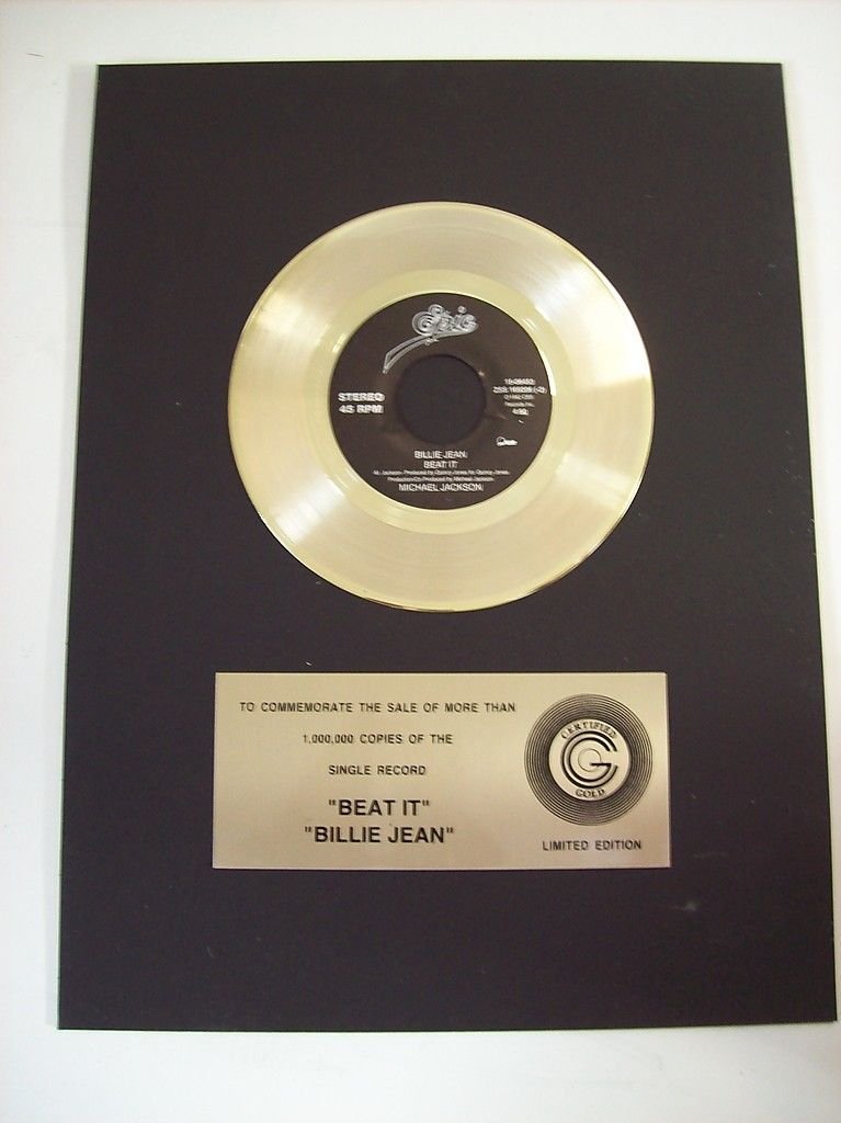 Michael Jackson Certified Gold Record for "Beat It,: Gold record from Epic Records to commemorate Michael Jackson selling over 1,000,000 copies of the singles "Billie Jean" an "Beat It" Record measures 7" and plaque measures 16" x 12".