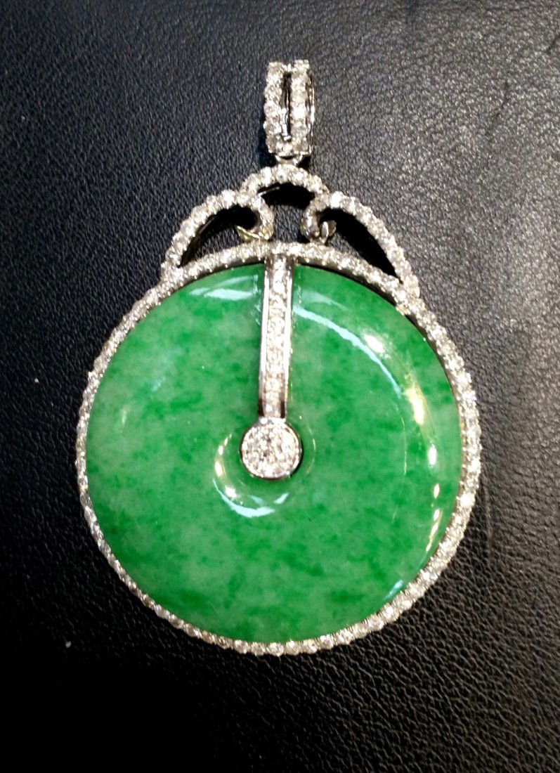 Huge 18K WG Natural Green Jadeite Diamond Pendant (1 of 4)