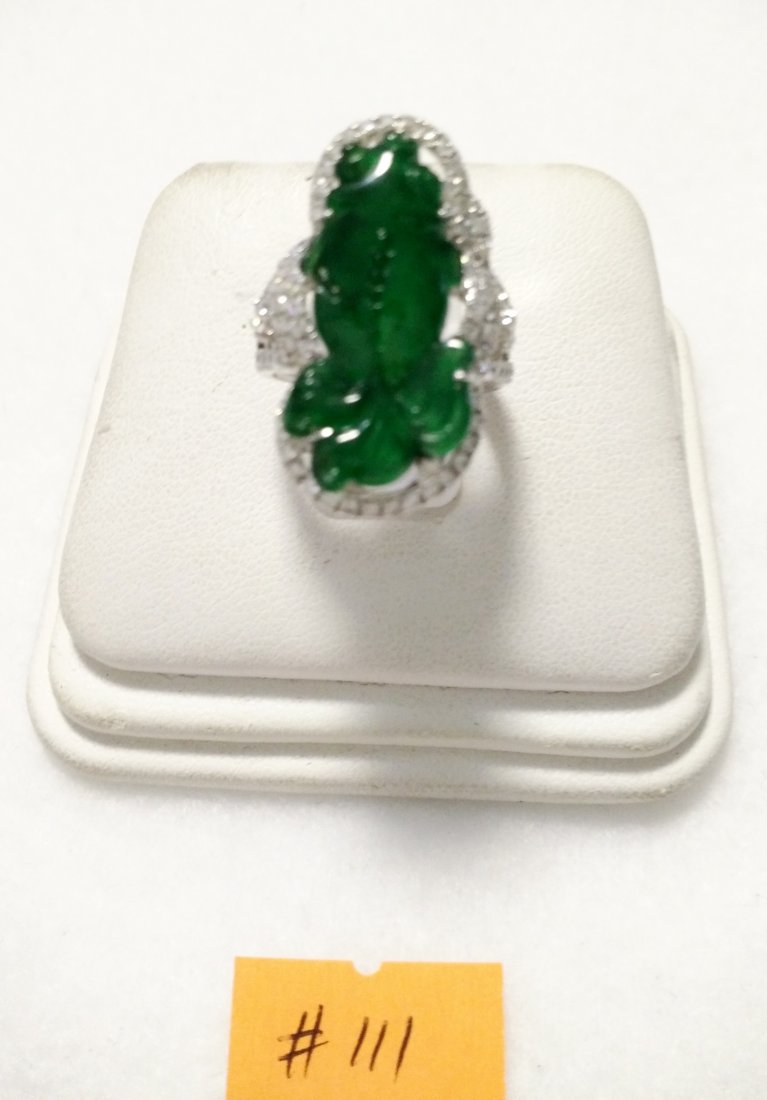 18K WG Natural Icy Old Green Jadeite Fish Diamond Ring (1 of 3)