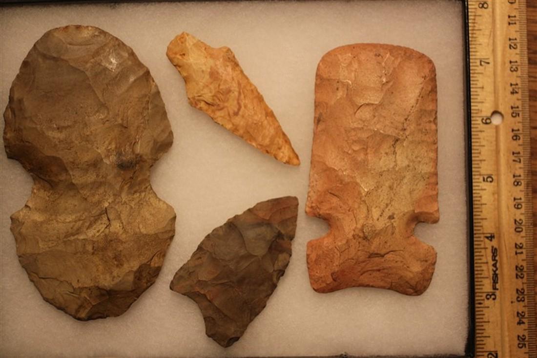 Flint Axe, Notched Hoe & Two Arrowheads (1 of 1)