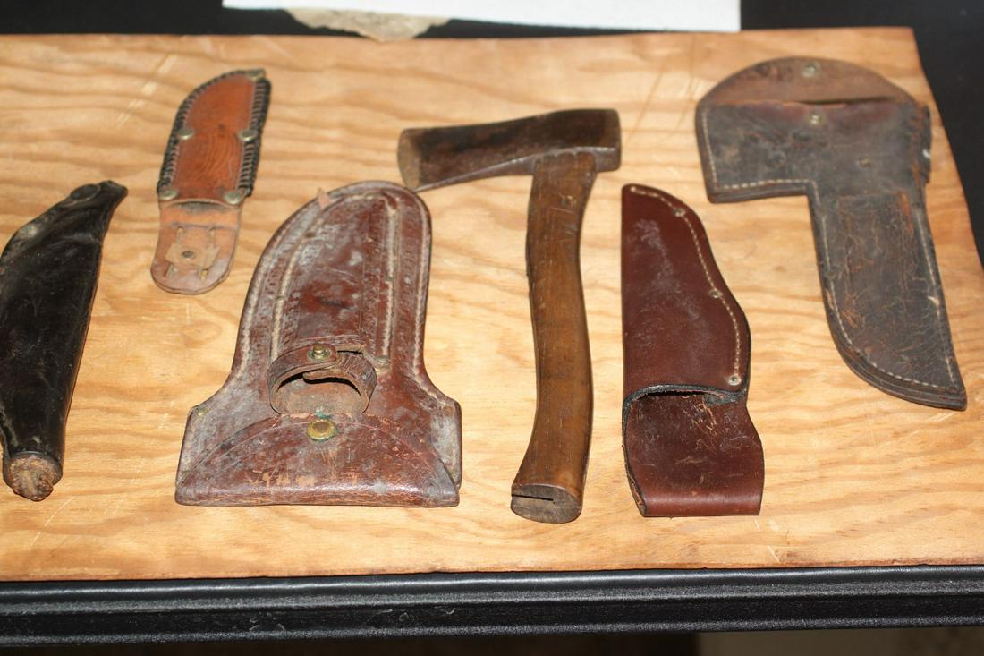 3 Knife Sheaths, 2 Axes, and a Powderhorn: See Lot Title