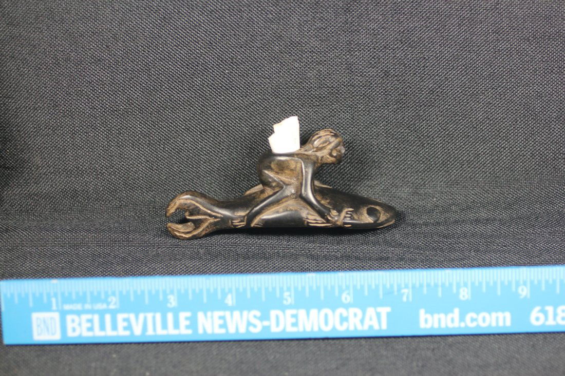 Hopewell Type Steatite Pipe: Indian riding a fish. Undocumented, but appears to be a historical carvving
