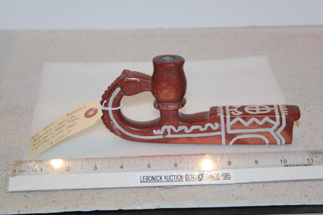 7 3/4" L Catlinite Iron Horse Inlaid Pipe (1 of 2)