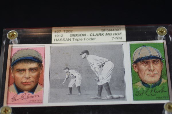 Fred T. Clark, Hal Chase, George Gibson #27 T202 Hassan: Fred T. Clark, Hal Chase, George Gibson #27 T202 Hassan Triple fold Card