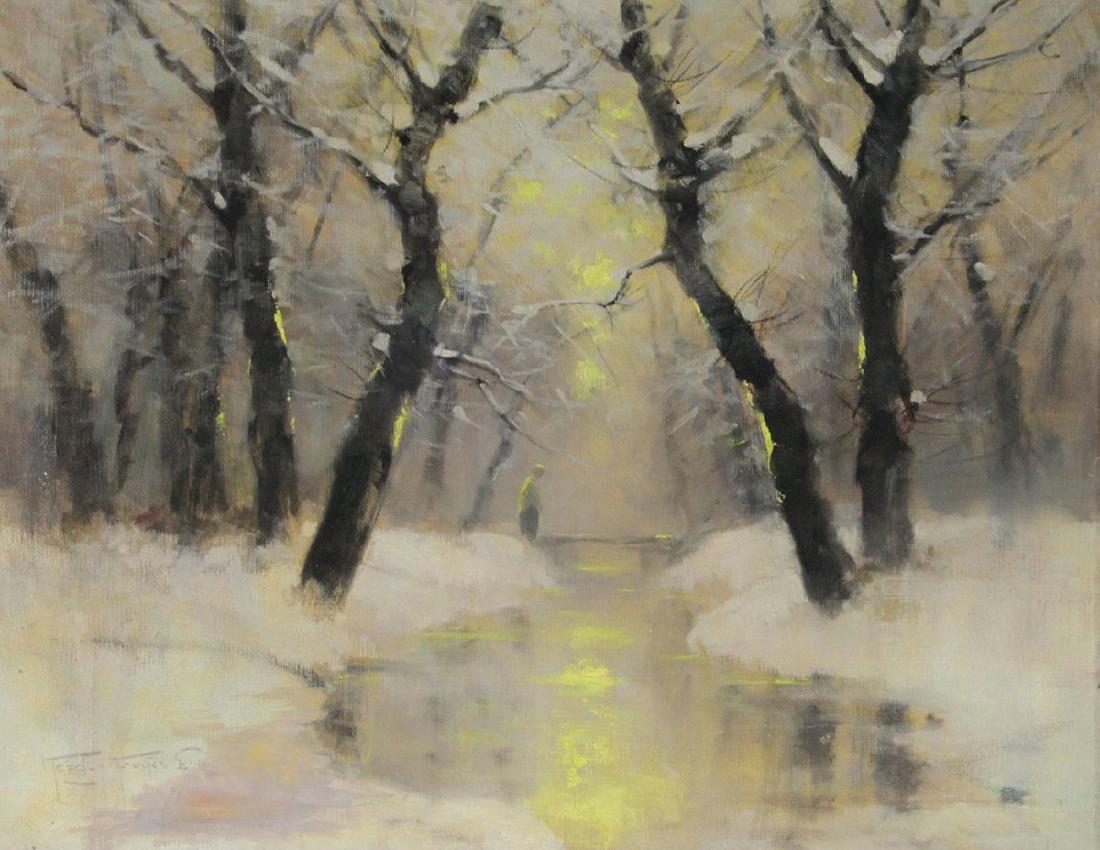 Laszlo Kezdi Kovacs - Snowy River, Oil on Canvas.: Laszlo Kezdy Kovacs (Hungarian School, 1864 - 1942) - Snowy River with Figure, Oil on Canvas. Signed. Framed. 51x65cm. Frame: 77x89cm.