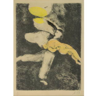 Marc Chagall - God Creates Man, Hand colored Etching.: Marc Chagall (1887-1985) - God Creates Man (Dieu crea l'homme), Hand colored Etching.Hand signed and numbered - 80/100.Framed.30x23cm.Frame: 56x42cm. 