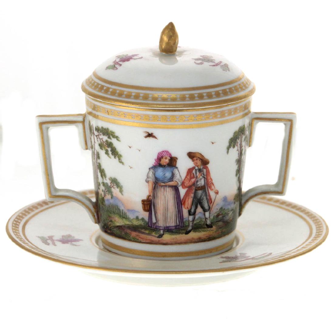 Antique Nyon Porcelain Cup and Cover with Saucer,: Antique Nyon Porcelain Cup and Cover with Saucer, Switzerland, Circa 1800. With hand painted man and woman hiking scenes. Marked. Cup and cover: 12cm. Coaster: 16.5cm.