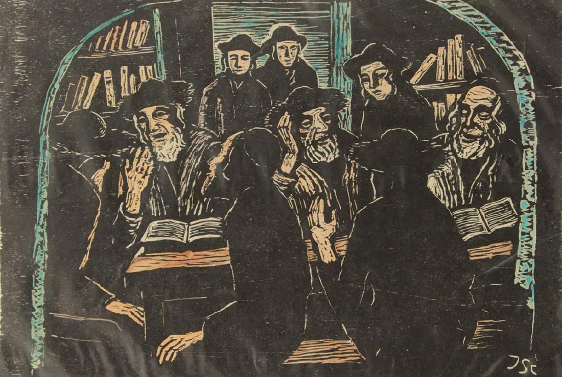Jacob Steinhardt - Torah Studies, Hand Colored Woodcut. (1 of 3)