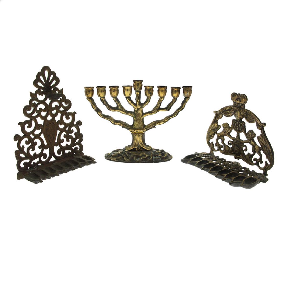 Lot of Three Brass Hanukkah Lamp Menorahs. (1 of 4)