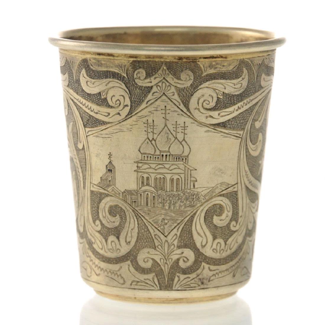 Russian Gilt Silver Cup Beaker By Mikhail Grachev, St.: Russian Gilt Silver Cup Beaker By Mikhail Grachev, St. Petersburg, 1908-1917. Etched and engraved with typical Russian landscapes surrounded by floral and foliage ornaments. Marked with Russian silver