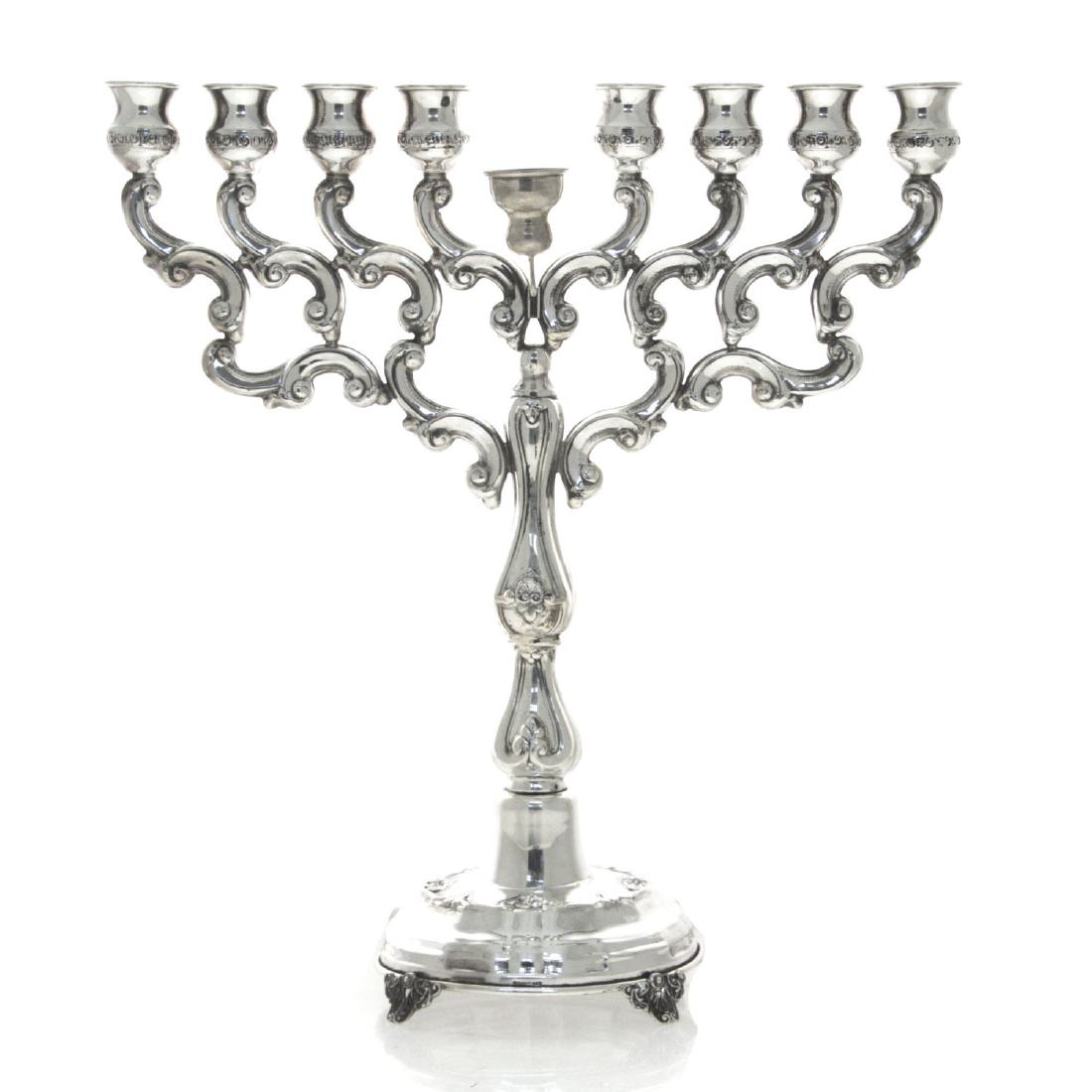 Sterling Silver Hanukkah Lamp Menorah, Judaica.: Sterling Silver Hanukkah Lamp Menorah, Judaica. Marked. Height: 36cm. 562gr. Minor repair, replacement Shamosh.