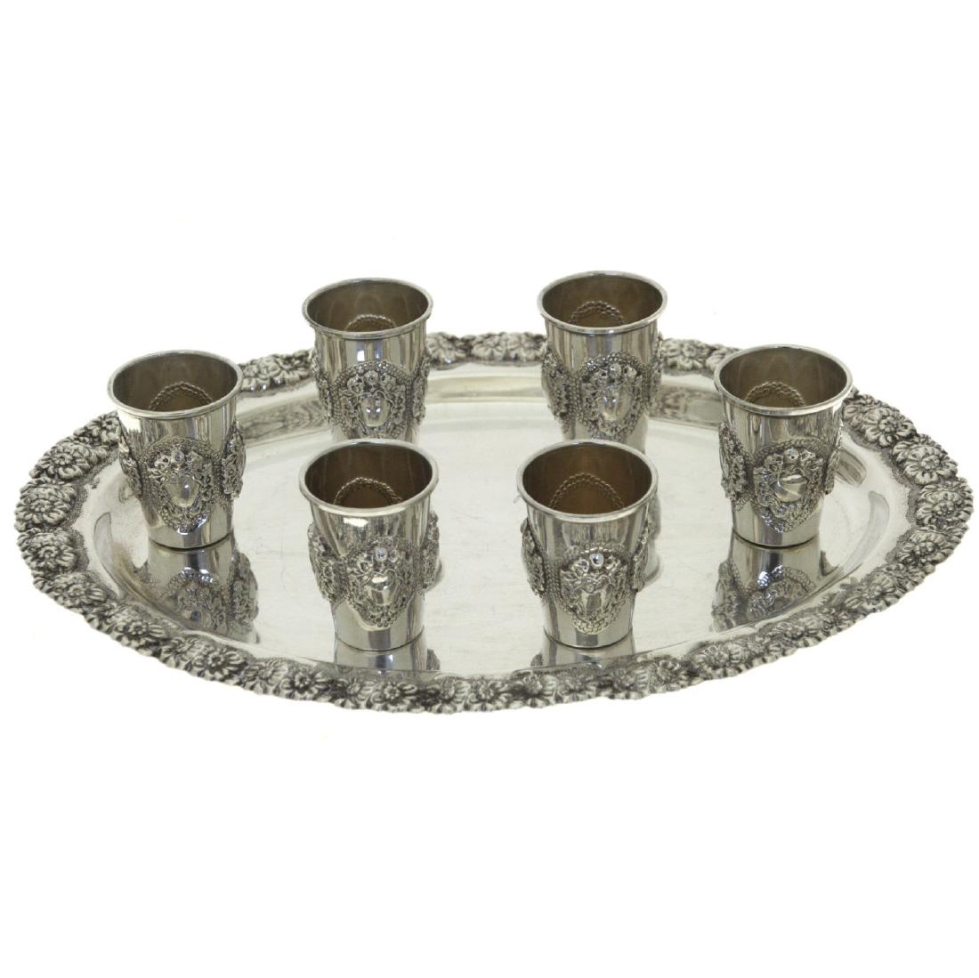 Set of Six Sterling Silver Cups Tots on Tray. (1 of 3)
