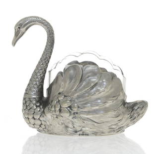 Silver Swan Bowl Gottlieb Kurz, Schwabisch Gmund,: Silver Swan Bowl Gottlieb Kurz, Schwabisch Gmund, Germany, Circa 1900. Beautifully formed as a swan with a glass bowl (later replacement). Marked with German silver marks (800, crescent moon and crown