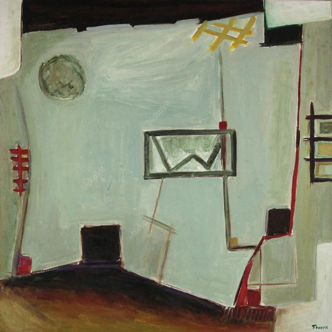 Pinchas Abramovich (1909-1986) - From the Space Series,: Pinchas Abramovich (1909-1986) - From the Space Series, Oil on Canvas. Signed. Framed. 100x100cm. Frame: 103x103cm.