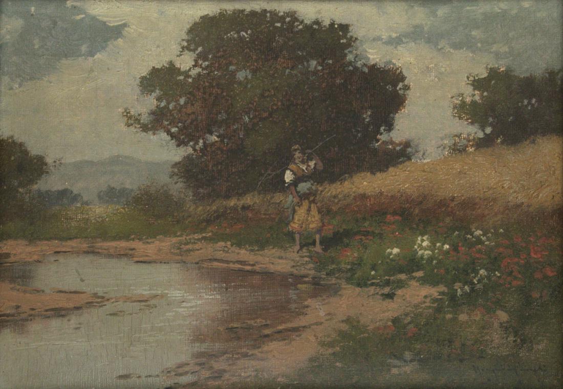 Laszlo Neogrady (Hungarian, 1896-1962) - Woman in Rural: Laszlo Neogrady (Hungary, 1896-1962) - Woman in Rural Landscape, Oil on Canvas. Signed. Framed. 25