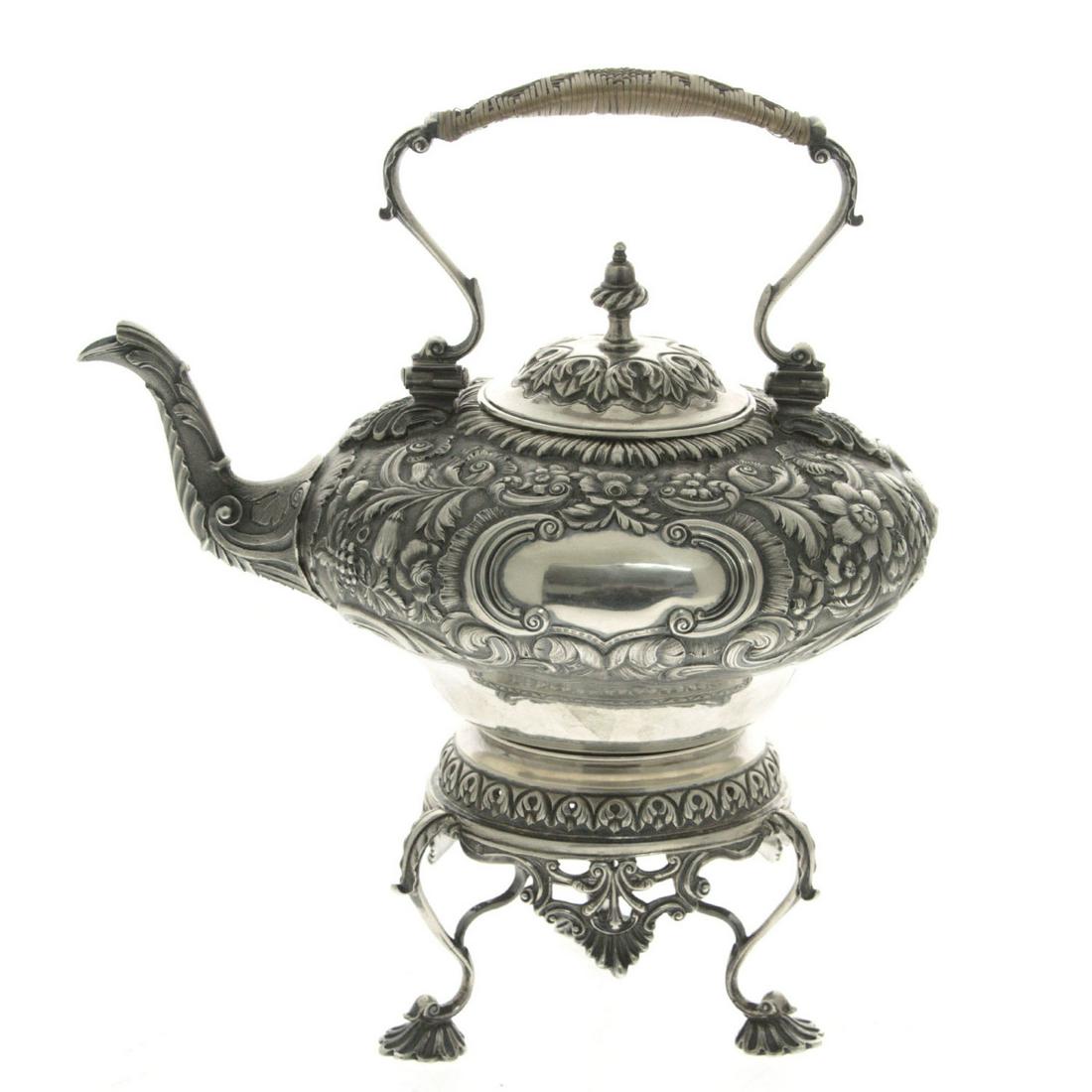 Early Victorian Sterling Silver Kettle on Stand, Robert: Early Victorian Sterling Silver Tea Kettle on Stand, Robert W. Smith, Dublin, Ireland, 1838. Profusely chased and embossed with floral, foliage and fruit ornaments, with a beautiful eagle figure. 