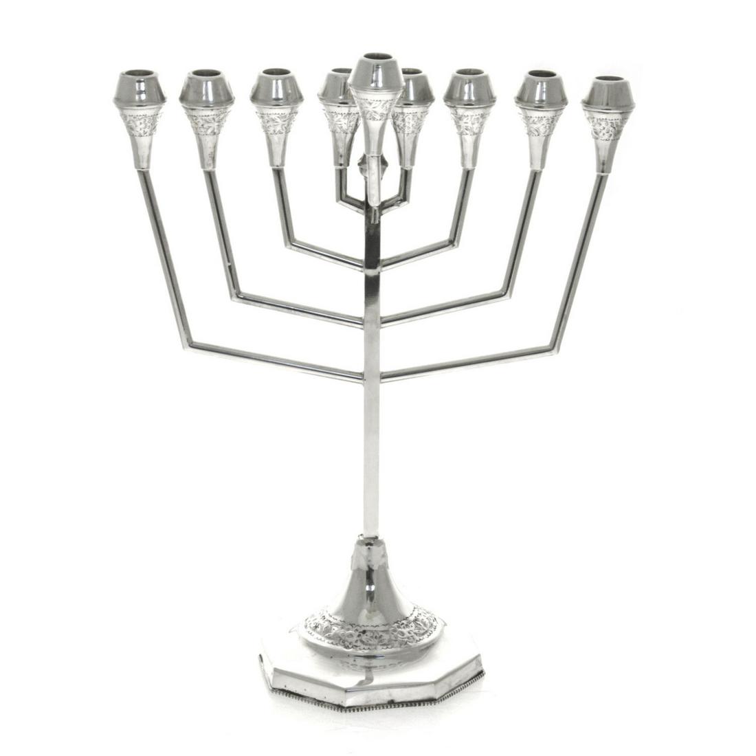 Silver Hanukkah Lamp Menorah, Judaica.: Silver Hanukkah Lamp Menorah, Judaica. Floral and foliage ornaments. Marked. Height: 40cm. 428gr. Minor dings.