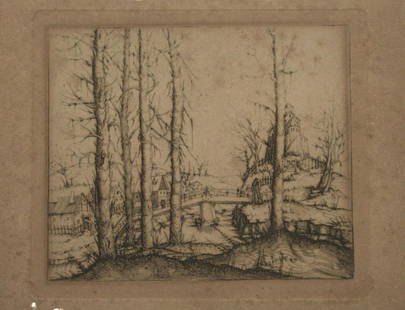 Augustin Hirschvogel (Germany, c.1503-1553) -: Augustin Hirschvogel (Germany, c.1503-1553) - Landscape, Etching Facsimile. Stamped on the reverse - Facsimile Reproduction der Reichsdruckerei Berlin. 14x17cm.