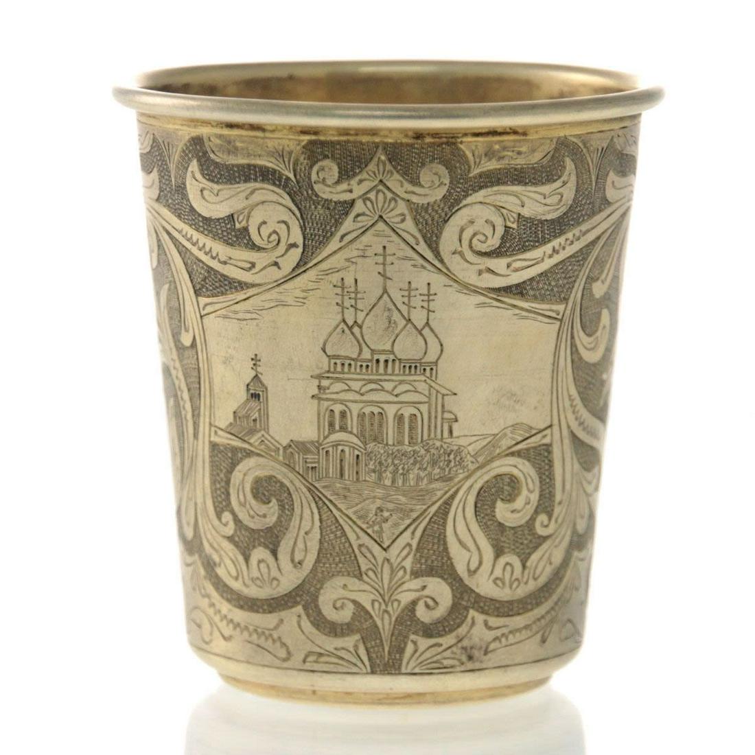 Russian Gilt Silver Cup Beaker By Mikhail Grachev, St.: Russian Gilt Silver Cup Beaker By Mikhail Grachev, St. Petersburg, 1908-1917. Etched and engraved with typical Russian landscapes surrounded by floral and foliage ornaments. Marked with Russian sil