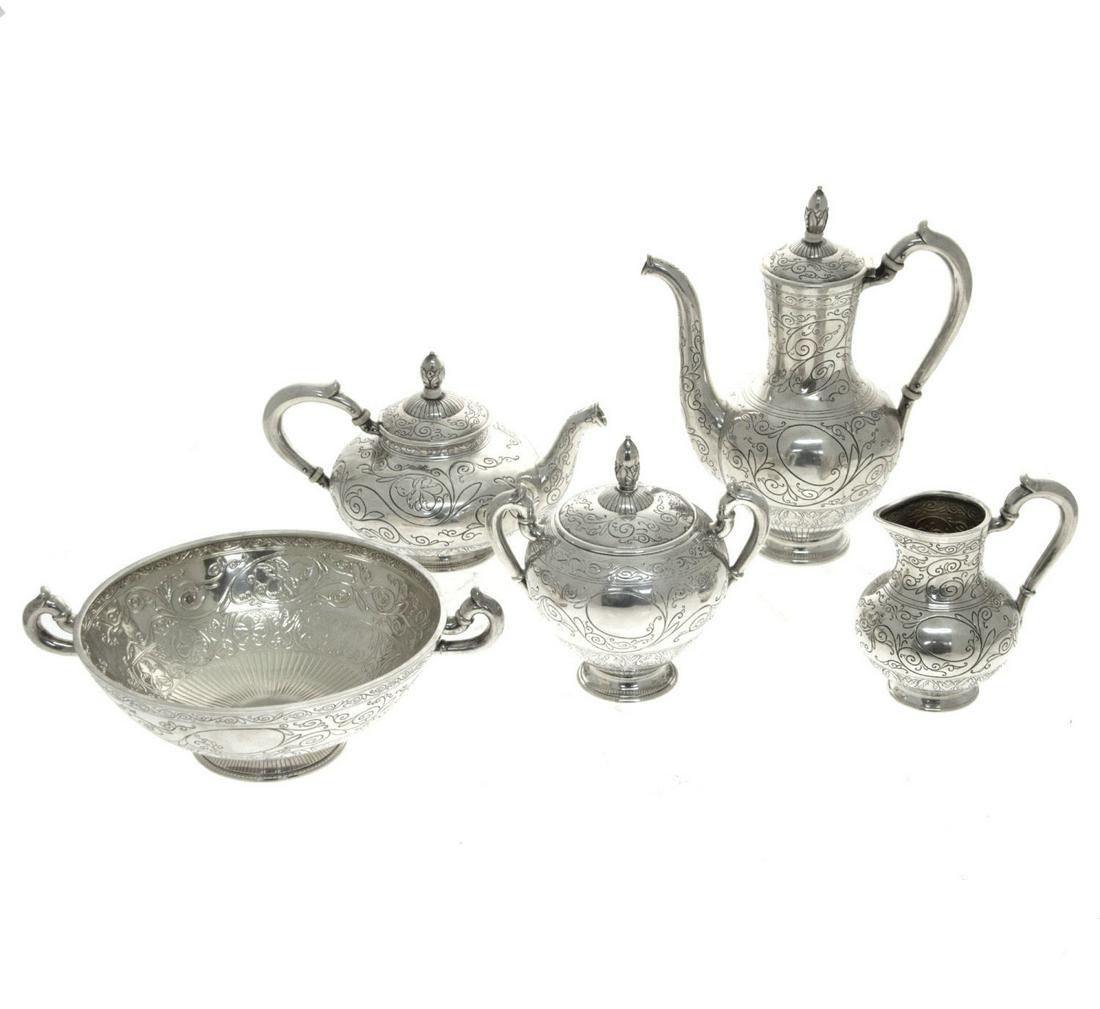 Superb Russian Silver 5pcs Tea Coffee Set, Grachev: Superb Russian Silver 5pcs Tea Coffee Set, Grachev Brothers, St. Petersburg, 1891. Including: Coffee pot (height: 24cm). Teapot (