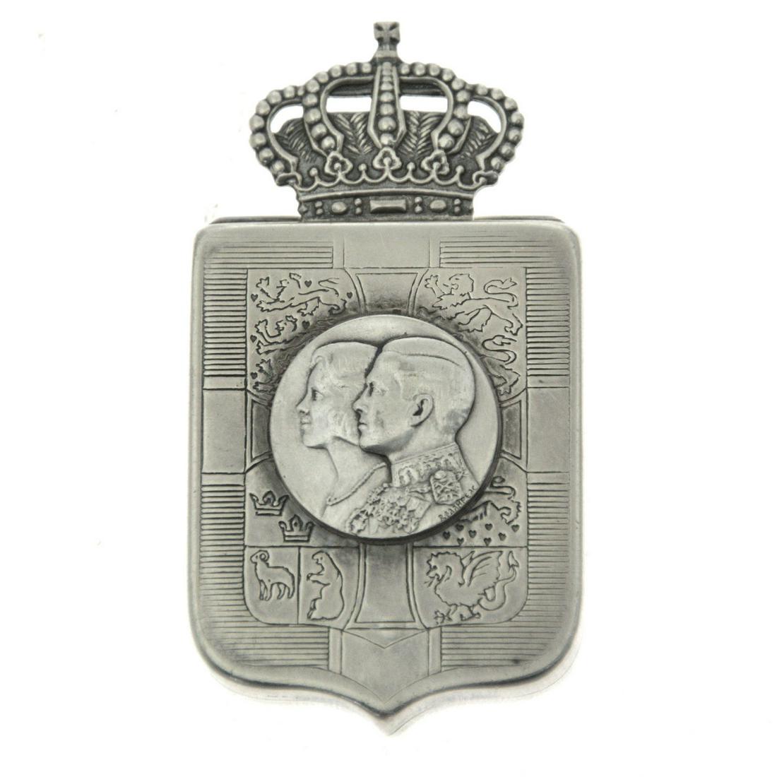 Greece Royal Wedding Sterling Silver Box, King: Greece Royal Wedding Sterling Silver Box, King Constantine II & Anne-Marie of Denmark, 1964. Shield shape, the front is engraved with King Constantine coat of arms, applied with a medallion cas