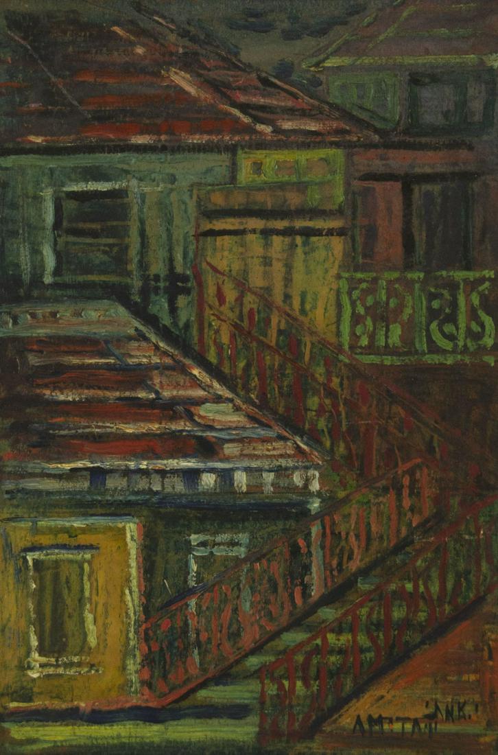 Isaac Amitai (1908-1984) - Rooftops, Oil on Canvas: Isaac Amitai (1908-1984) - Rooftops, Oil on Canvas mounted on Board. Signed. 48x33cm.