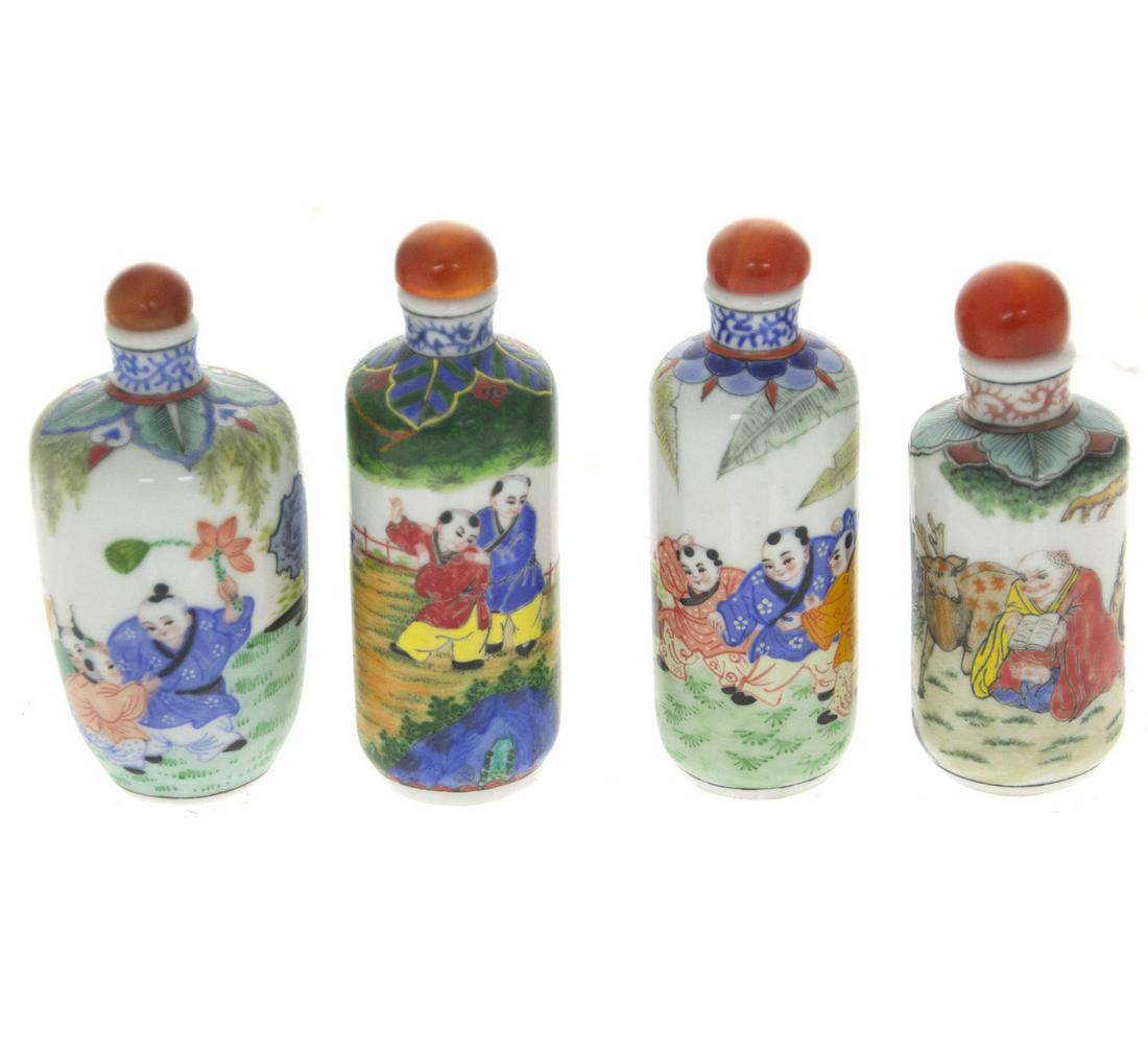 Lot of Four Chinese Porcelain Snuff / Scent Bottles.: Lot of Four Chinese Porcelain Snuff / Scent Bottles. Enamel ornaments. Stopped with bone sampler. Height: 7-8cm.