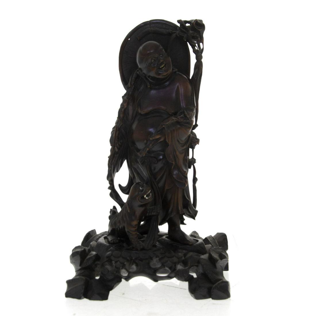 Chinese Carved Wood Buddha and Foo Dog Sculpture. (1 of 2)