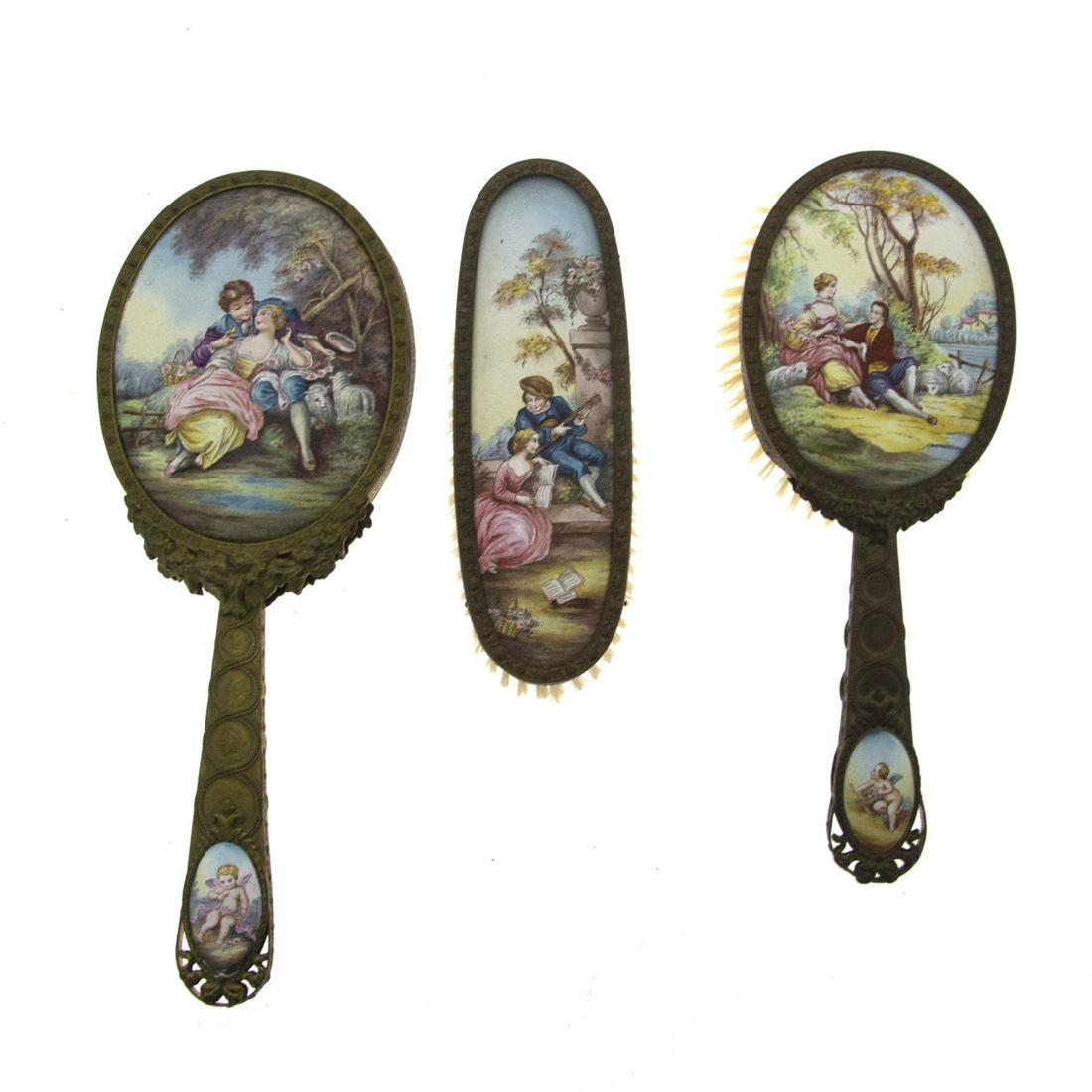 French Brass and Enamel 3cps Vanity Grooming Set, Early (1 of 5)