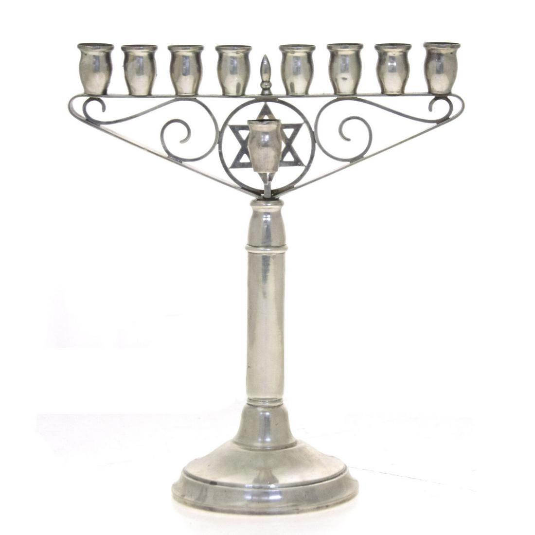 Czechoslovakian Silver Hanukkah Lamp Menorah, 1940s.: Czechoslovakian Silver Hanukkah Lamp Menorah, 1940s, Judaica. Rare example of an authentic East European Hanukkah Menorah. Centered with a Star of David. Detachable Shamosh (servant light). Marked. He