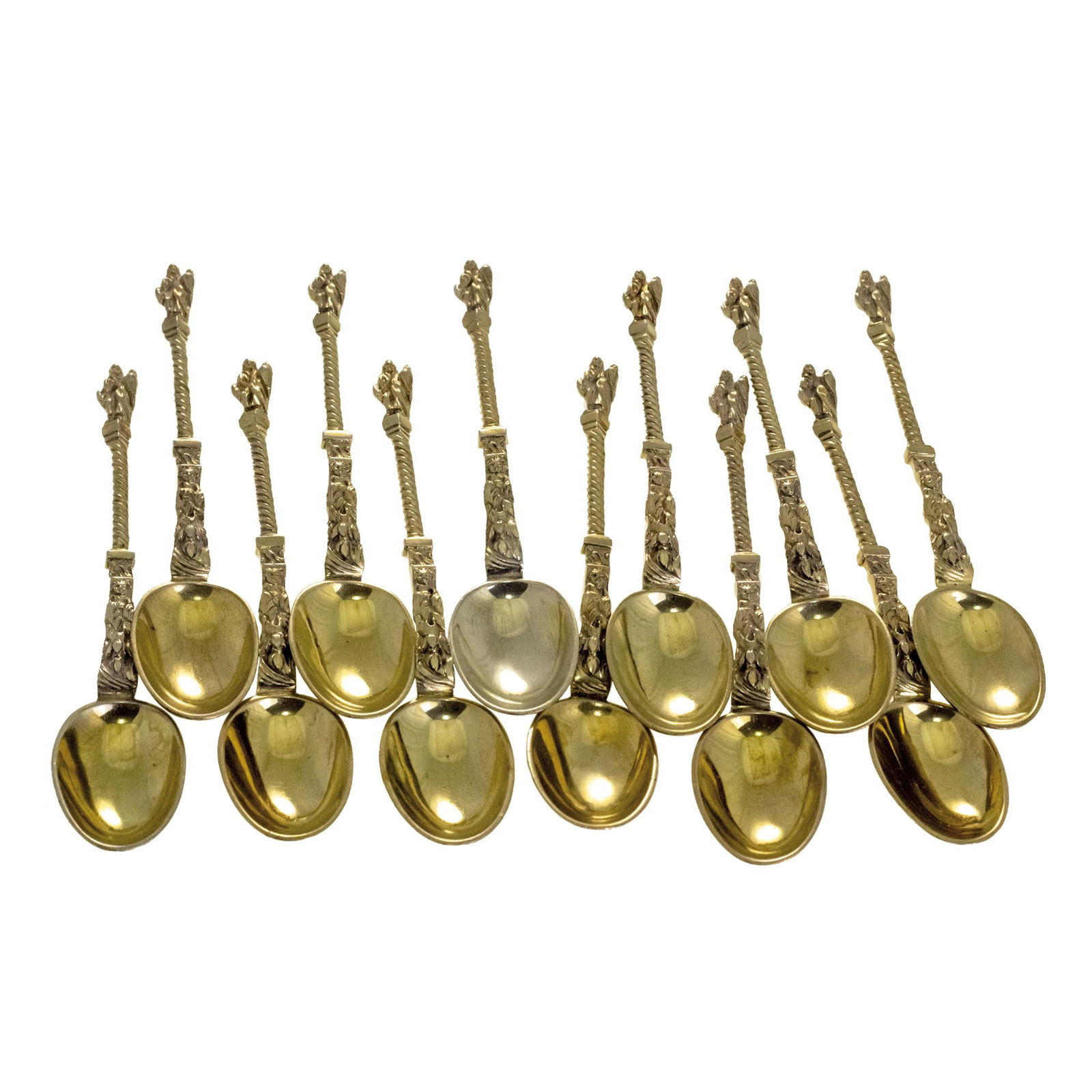 Set of 12 Gilt Sterling Silver Apostle Spoons, William: Set of 12 Gilt Sterling Silver Apostle Spoons, William Comyns & Sons, London, England, 1922. Hallmarked (William Comyns & Sons Ltd - Charles & Richard Comyns). Lenght: 15cm. 366gr.