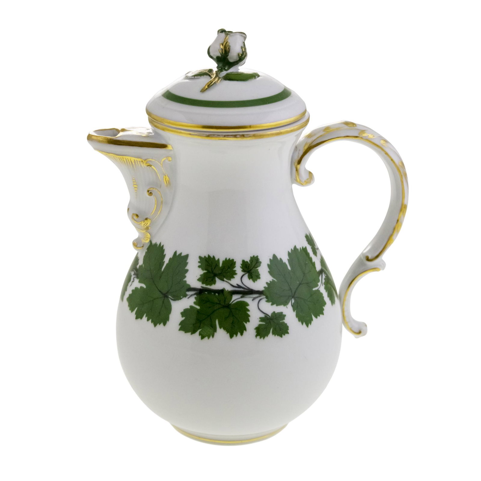Meissen Porcelain Teapot, Germany, Early 20th Century.: Meissen Porcelain Teapot, Germany, Early 20th Century. Vines decorations. Flower on top of lid (minor repair). Marked. Height: 21.5cm.