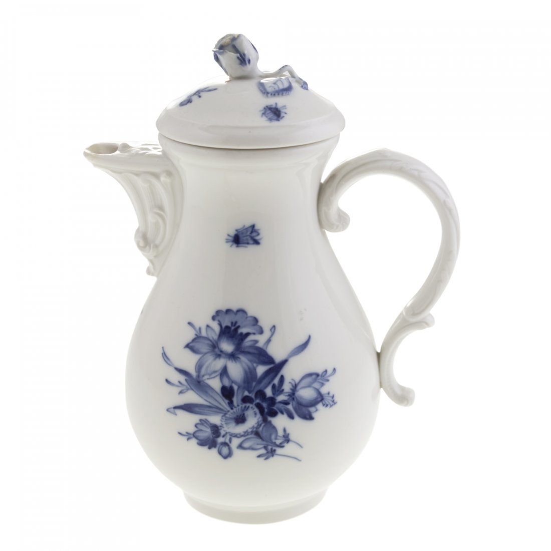Meissen Porcelain Teapot, Germany, Early 20th Century.: Meissen Porcelain Teapot, Germany, Early 20th Century. Flowers, bugs and butterflies decorations. Flower on top of lid. Marked. Height: 21.5cm. Minor flaw on the lid and minor repair on the spout.