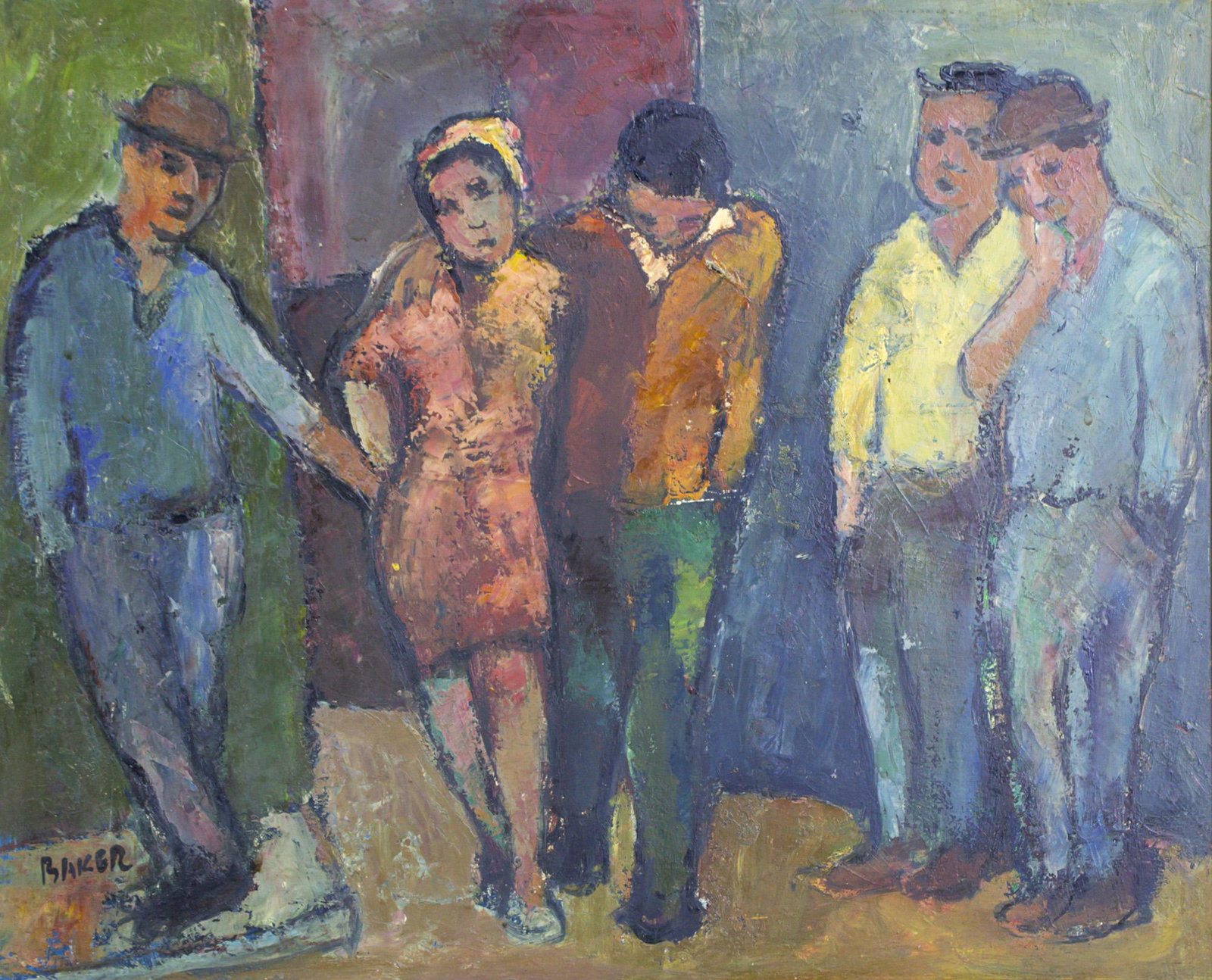 Kenneth Baker (South African, 1931-1995) - Figures, Oil: Kenneth Baker (South African, 1931-1995) - Figures, Oil on Masonite. Signed. 38x46cm.