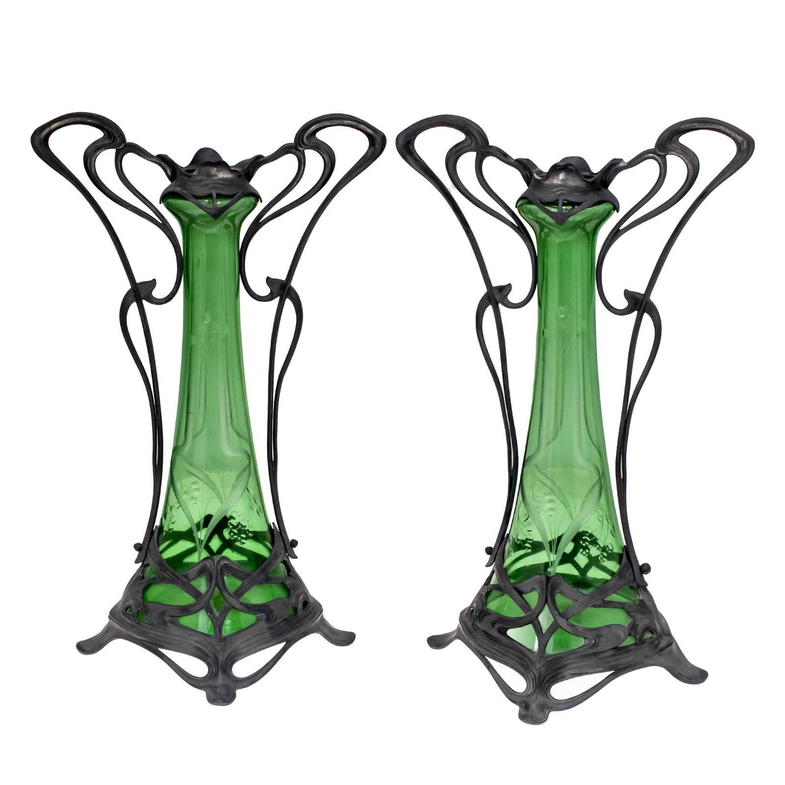 Pair of WMF Pewter and Green Glass Twin Handle Vases, Germany, Circa 1906. (1 of 5)
