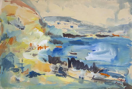 Mordechai Avniel (1900-1989) - Bay Landscape, Gouache and Watercolor on Paper.: Mordechai Avniel (1900-1989) - Bay Landscape, Gouache and Watercolor on Paper. Signed. 35x50cm.