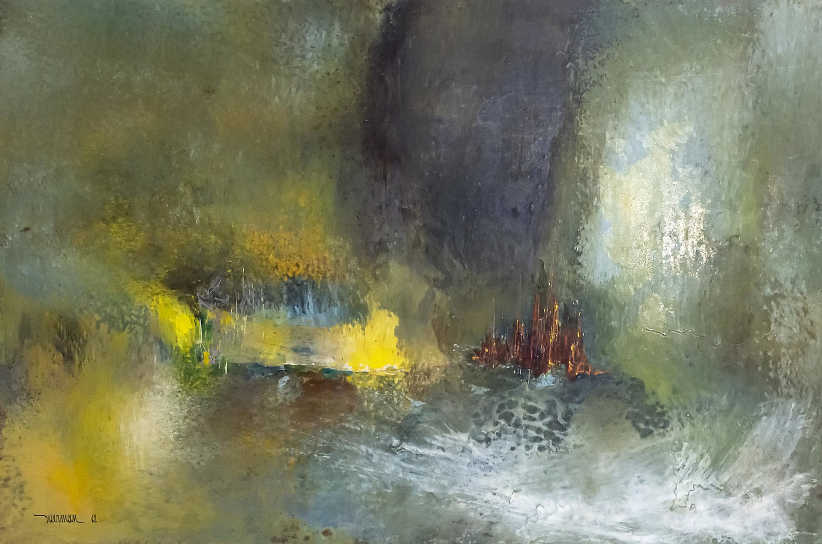 Leonardo Nierman (Mexican, b.1932) - Ciudad Encantada, Oil on Masonite, 1962.: Leonardo Nierman (Mexican, b.1932) - Ciudad Encantada, Oil on Masonite, 1962. Signed and dated. Titled on the reverse. 40x60cm.