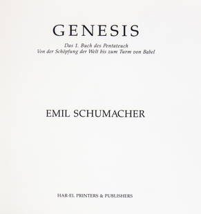 Emil Schumacher (German, 1912-1999) - Book of Genesis, with 18 Original Lithographs, 1999: Emil Schumacher (German, 1912-1999) - Book of Genesis, with 18 Original Lithographs, 1999 Including 18 Lithographs and Terragraphs. The Book of Genesis in German & Hebrew. Linen and leather Boound. Or