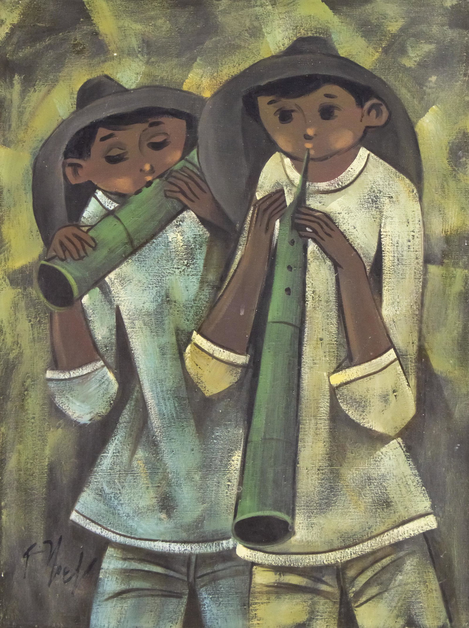 Roger San Miguel (Filipino, b.1940) - Two Young Musicians, Oil on Canvas. (1 of 3)