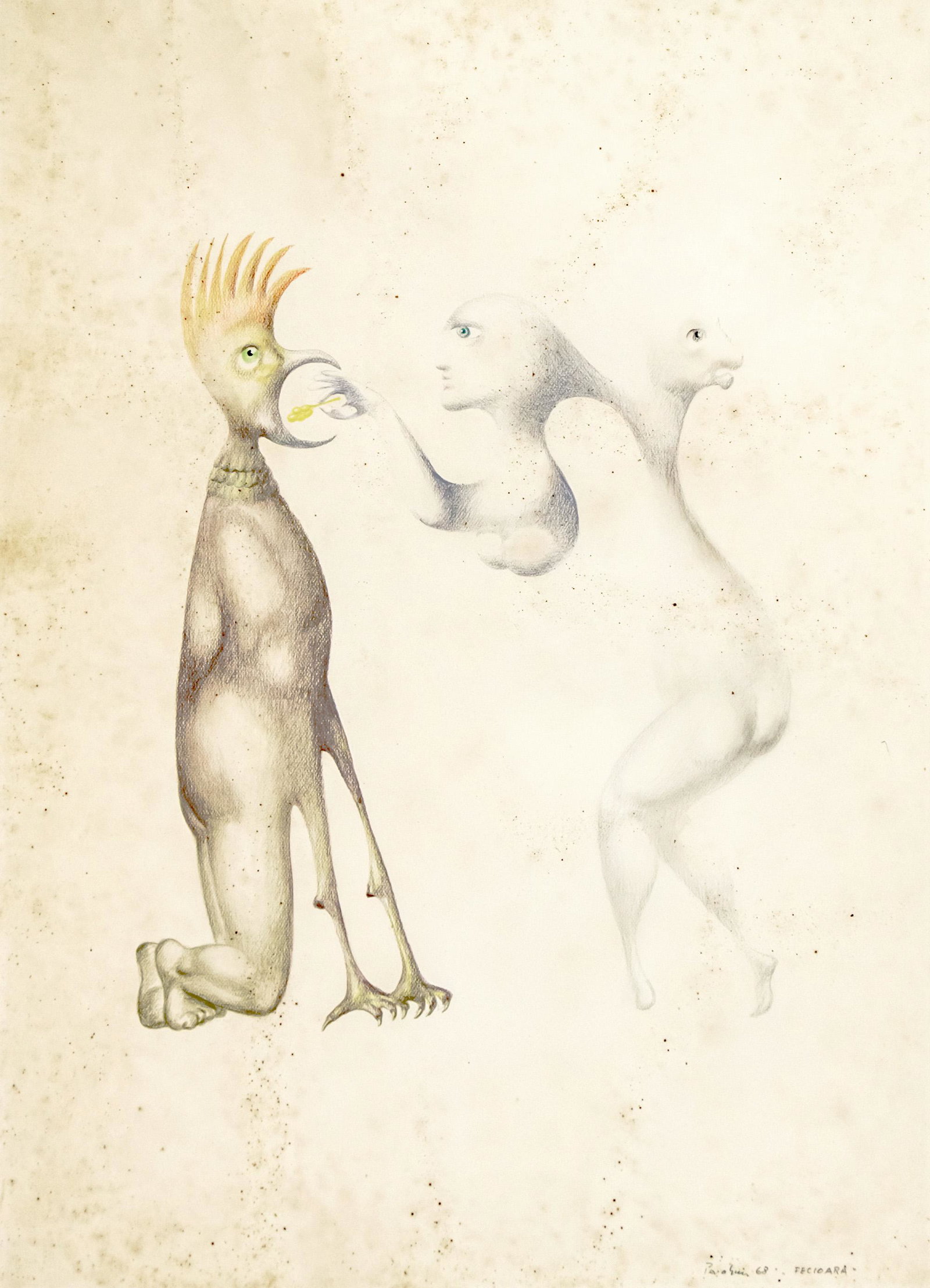 Jules Perahim (Romanian / French, 1914-2008) - Virgo, Colored Pencils on Paper, 1968.: Jules Perahim (Romanian / French, 1914-2008) - Virgo, Colored Pencils on Paper, 1968. Signed, titled and dated. 70x50cm. Stains.
