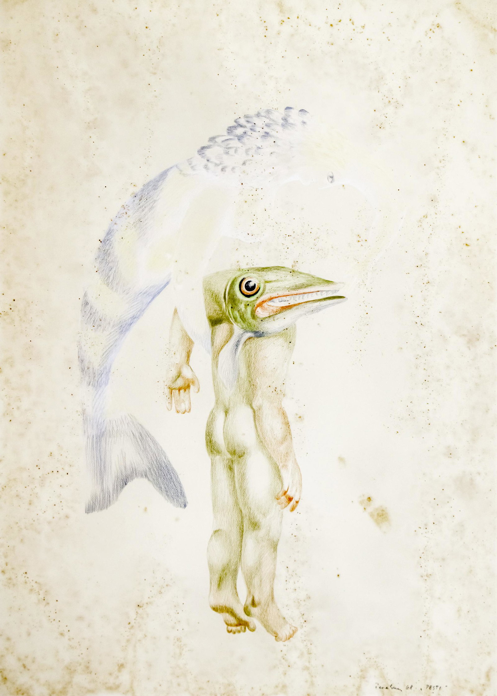 Jules Perahim (Romanian / French, 1914-2008) - Pisces, Colored Pencils on Paper, 1968.: Jules Perahim (Romanian / French, 1914-2008) - Pisces, Colored Pencils on Paper, 1968. Signed, titled and dated. 70x50cm. Stains.
