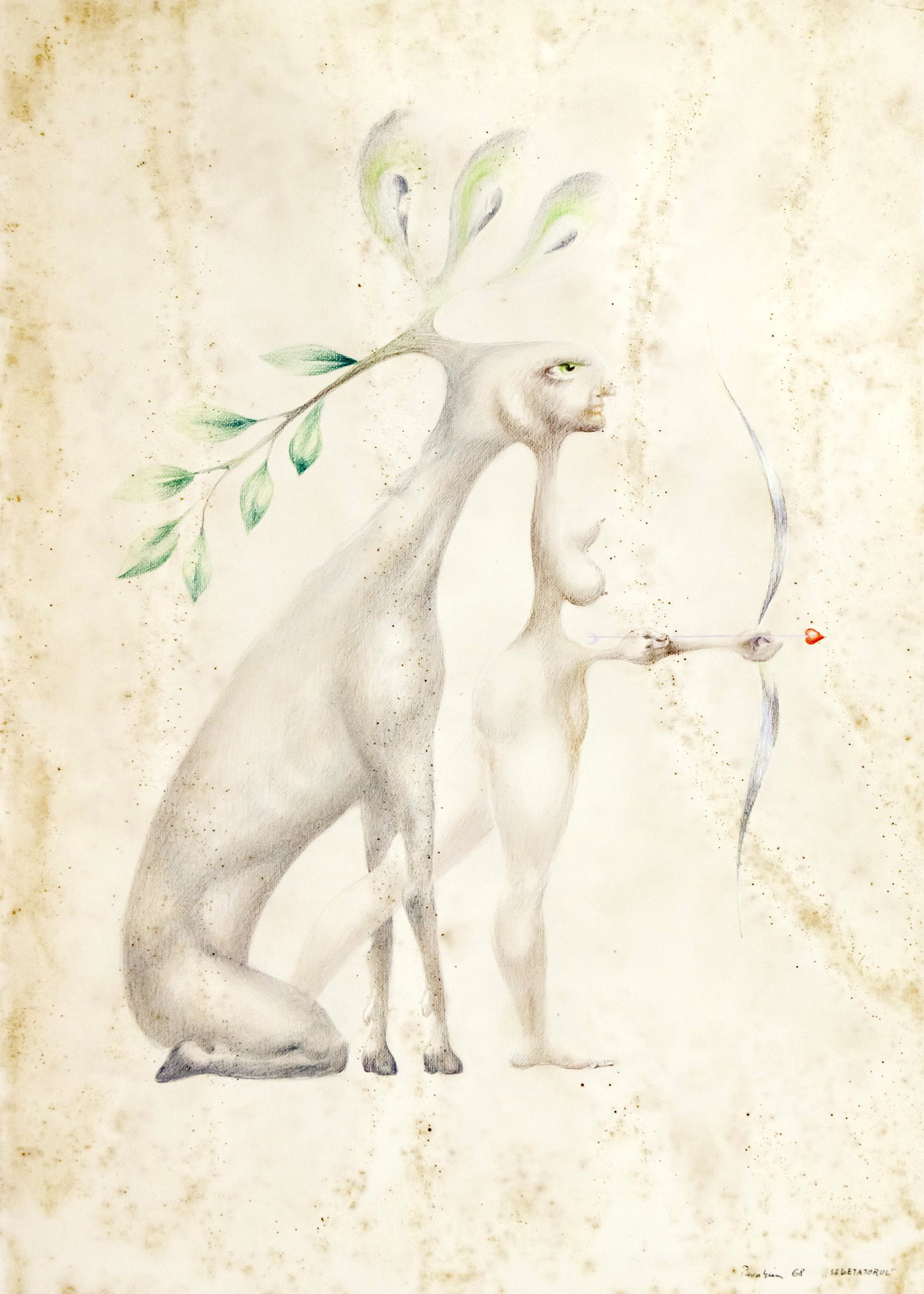 Jules Perahim (Romanian / French, 1914-2008) - Sagittarius, Colored Pencils on Paper, 1968.: Jules Perahim (Romanian / French, 1914-2008) - Sagittarius, Colored Pencils on Paper, 1968. Signed, titled and dated. 70x50cm. Stains.