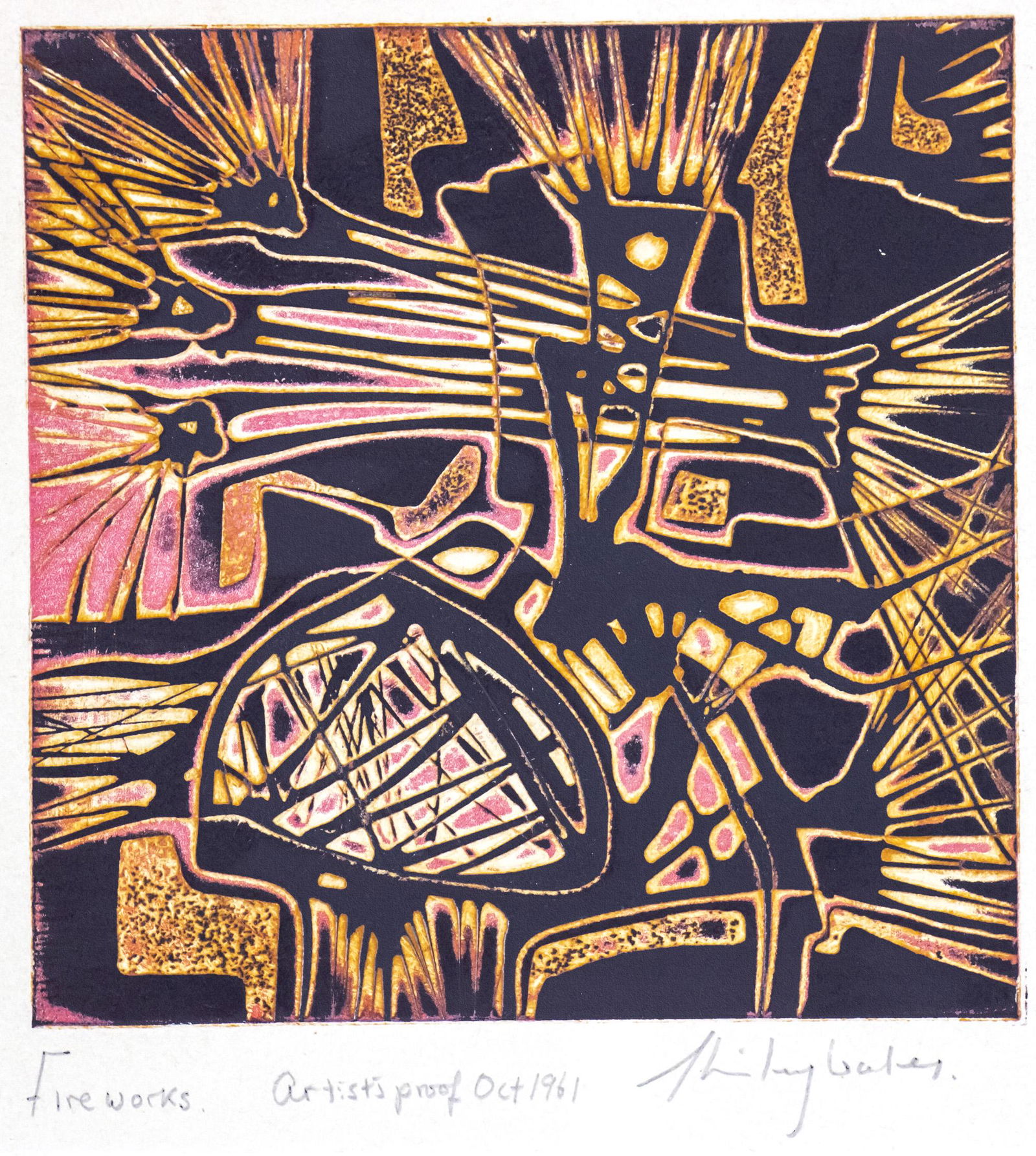 Shirley Wales (Canadian, 1931-1978) - Fireworks, Color Etching, 1961. (1 of 2)