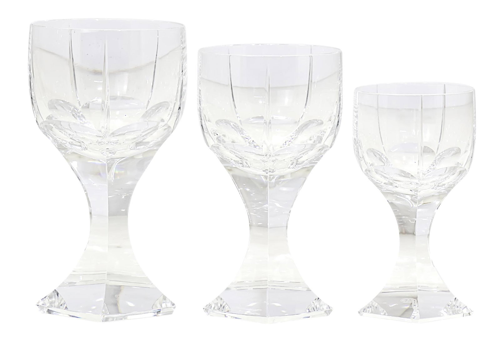 Set of three Baccarat Mercure Wine Goblets.: Set of three Baccarat Mercure Wine Goblets. Including: 1. Height: 16.5cm. 2. Height: 15cm. 3. Height: 13cm. Marked.