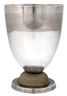 Christofle Vase Designed by Luc Lanel (French, 1893-1965).: Christofle Silver Plated Vase Designed by Luc Lanel (French, 1893-1965). Wooden base. Marked. Height: 18.5cm. Rim diameter: 13cm.