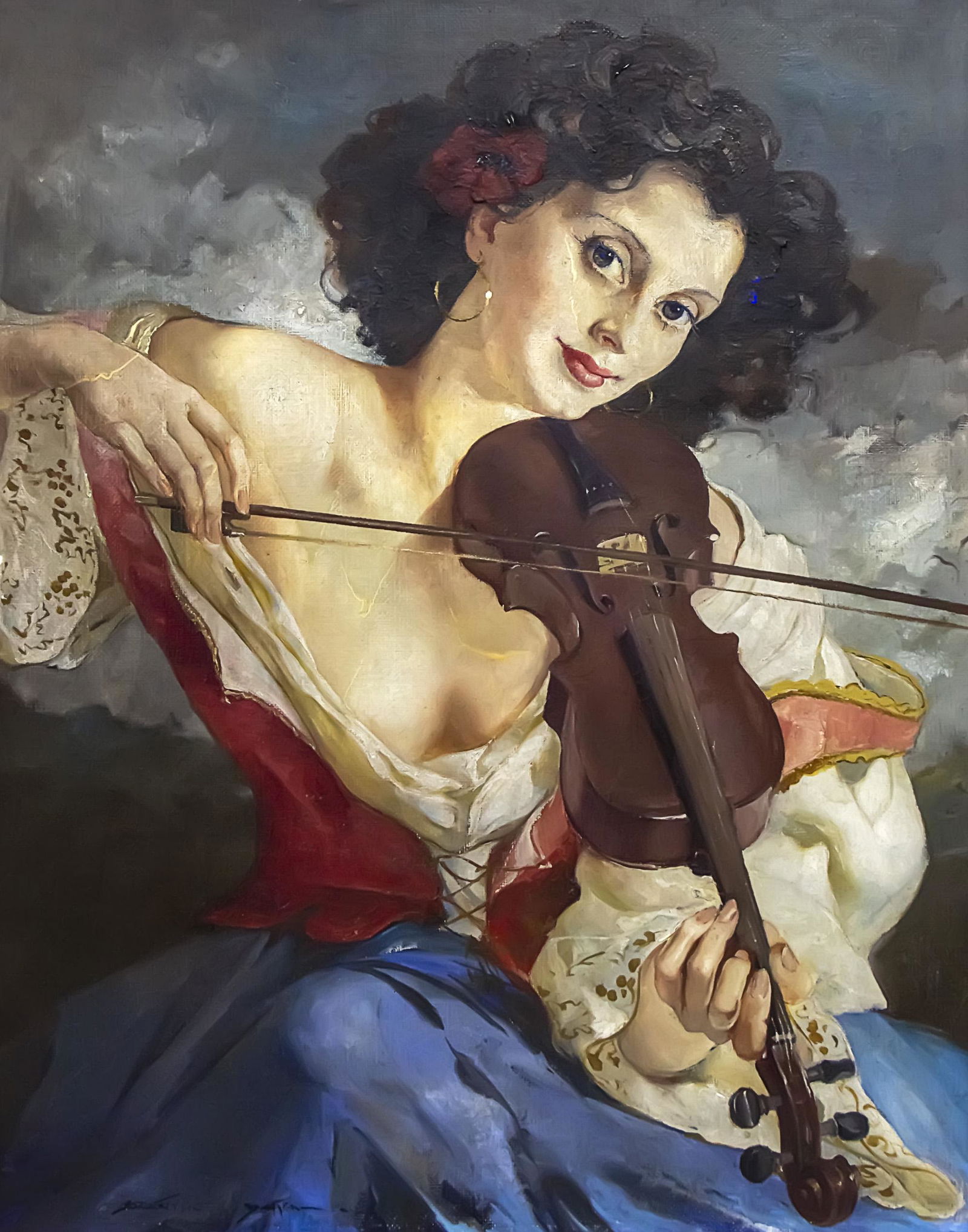 Maria Szantho (Hungarian, 1898-1998) - Portrait of a Woman Playing the Violin, Oil on Canvas.: Maria Szantho (Hungarian, 1898-1998) - Portrait of a Woman Playing the Violin, Oil on Canvas. Signed. 84x66cm.